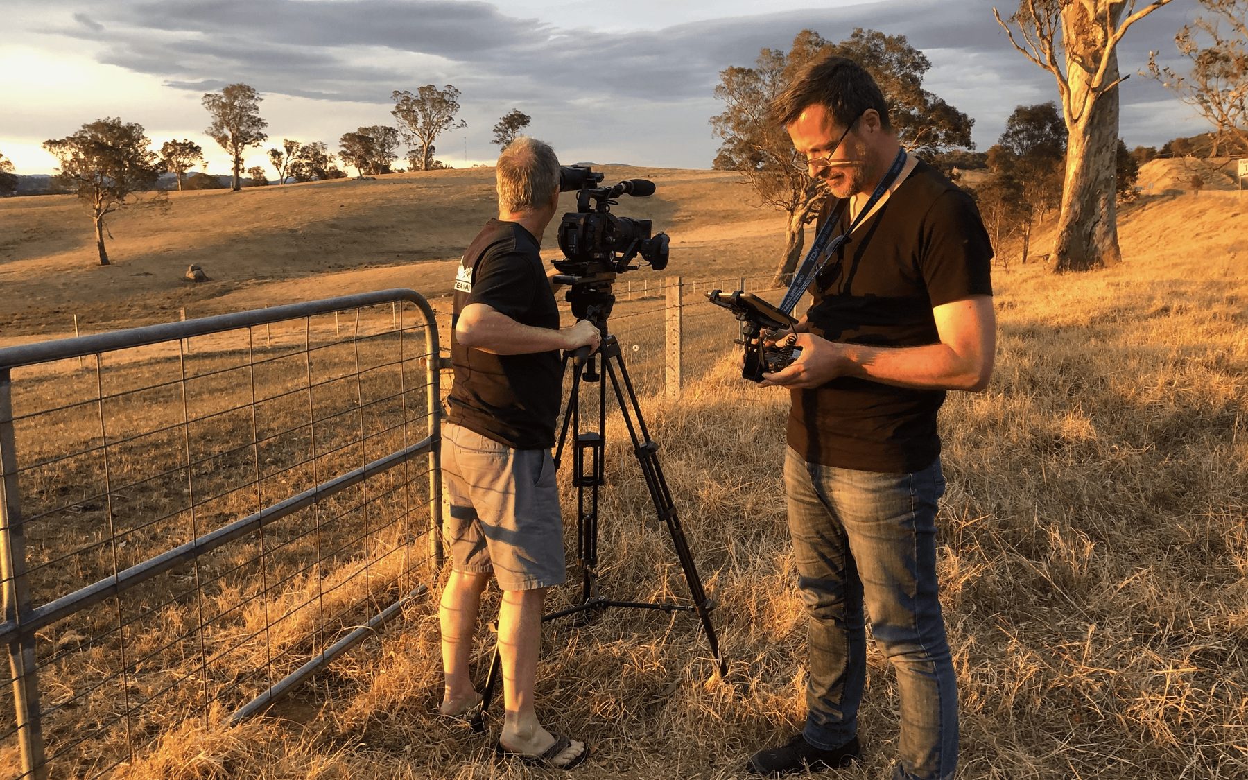 Camera and remote operator at a farm gate during golden hour