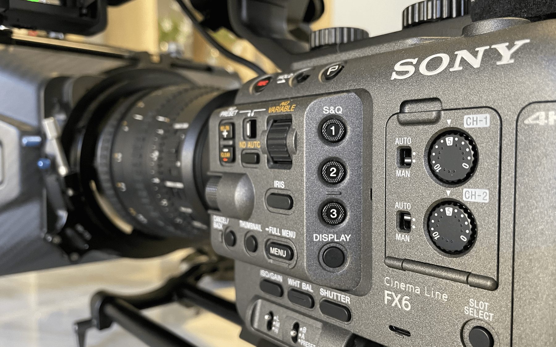 Close-up of Sony Cinema Line FX6 camera controls