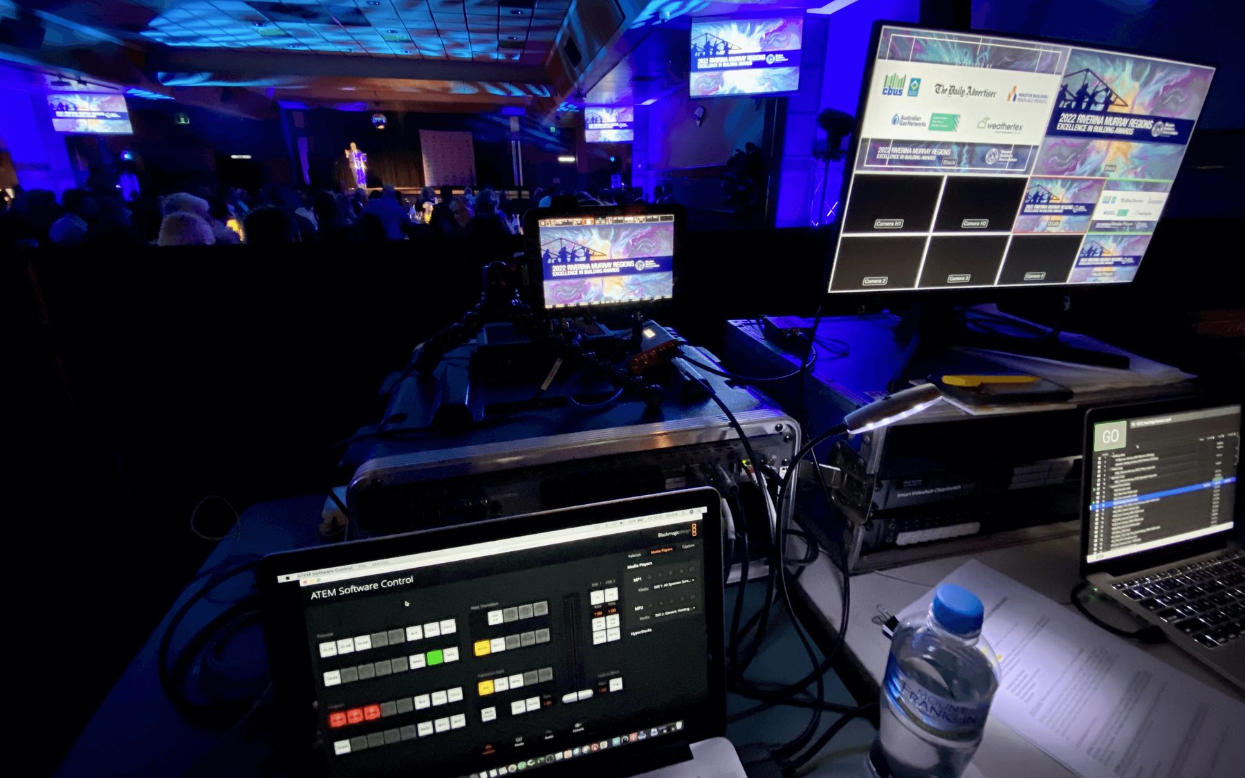 Live broadcast desk with multi-camera switching setup