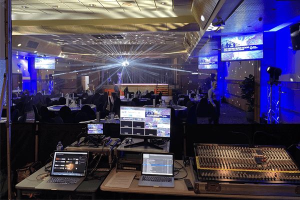 Live event control desk with multiple monitors